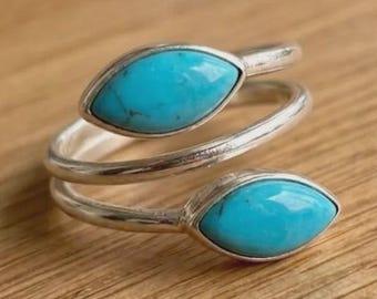 Marquise Turquoise Bypass Ring • Genuine Silver Southwestern Boho Jewelry