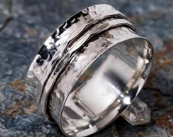 Handmade Hammered Silver Spinner Ring | Wide Band Fidget ring