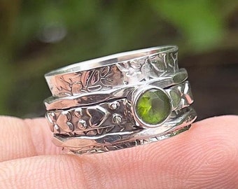 925 Sterling Silver, Peridot Gemstone, Stress Relief, Heart Spinner Ring, Anxiety Relief, Handmade Jewellery, Perfect Gift, Custom Size
