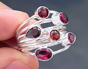 Handmade Silver Garnet Ring: Boho Multi Gemstone Jewelry Stacking Ring