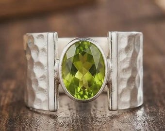 Peridot Oval Gemstone Ring, Hammered Silver Tone Wide Band Ring