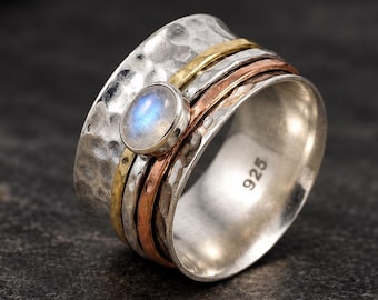 Rainbow Moonstone Spinner Ring, Two Tone Hammered Band Ring