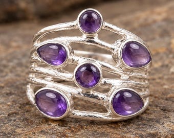 Handmade Amethyst Multi Stone Silver Ring, Boho Statement Jewelry