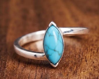 Turquoise Marquise Solitaire Ring, Minimalist Silver Tone Gemstone Ring