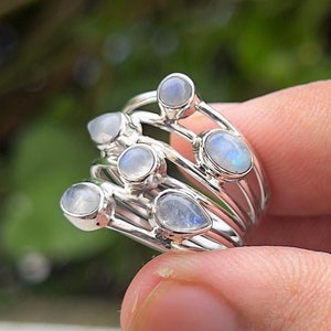 925 Sterling Silver, Rainbow Moonstone Gemstone, Minimalist, Stack Ring, Birthstone Jewellery, Perfect Gift for her, Custom Size