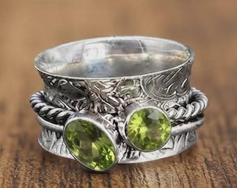 Peridot Two Gemstone Spinner Ring, Wide Band Floral Silver Tone Ring