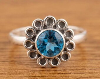 Blue Topaz Flower Ring, Silver Tone Round Gemstone Ring