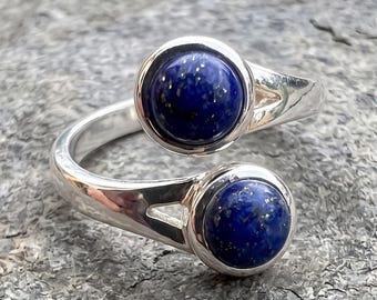 Double Lapis Lazuli Bypass Ring in Silver, Round Blue Stone Wrap Ring