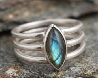 Labradorite Marquise Ring, Multi Band Silver Tone Gemstone Ring