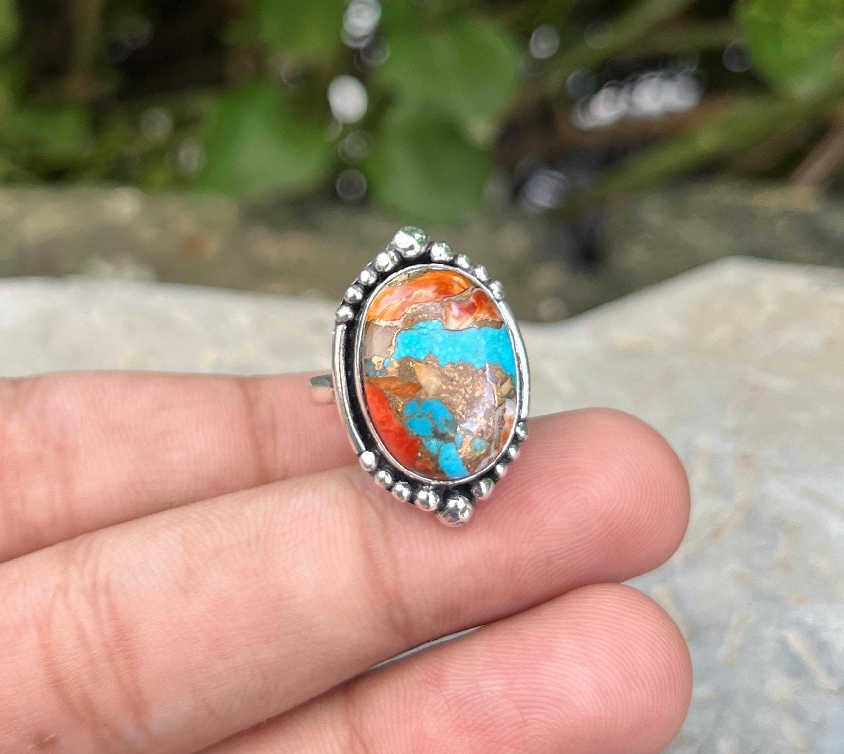 ハンドメイドのスパイニーオイスターターコイズリング：シルバーの