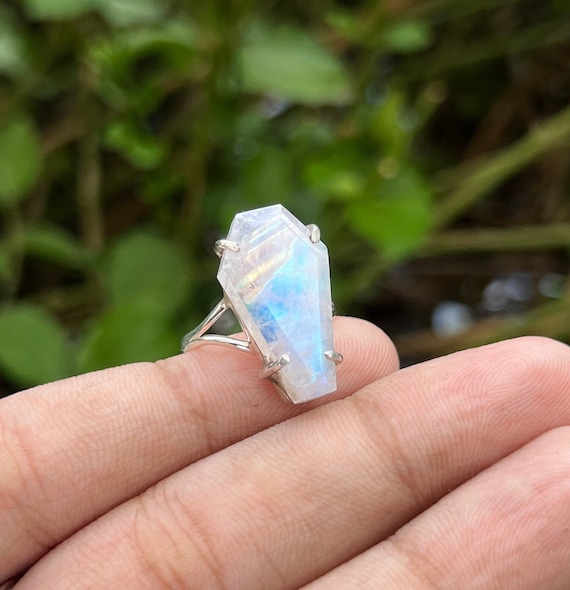 Bold and Clear Rainbow Moonstone and Sterling Silver Ring Bold and Clear Rainbow Moonstone and Sterling Silver Ring