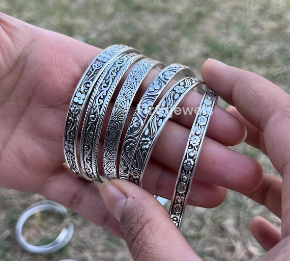 Handmade Engraved Silver Bangle: Adjustable Boho Arm Cuff - Etsy
