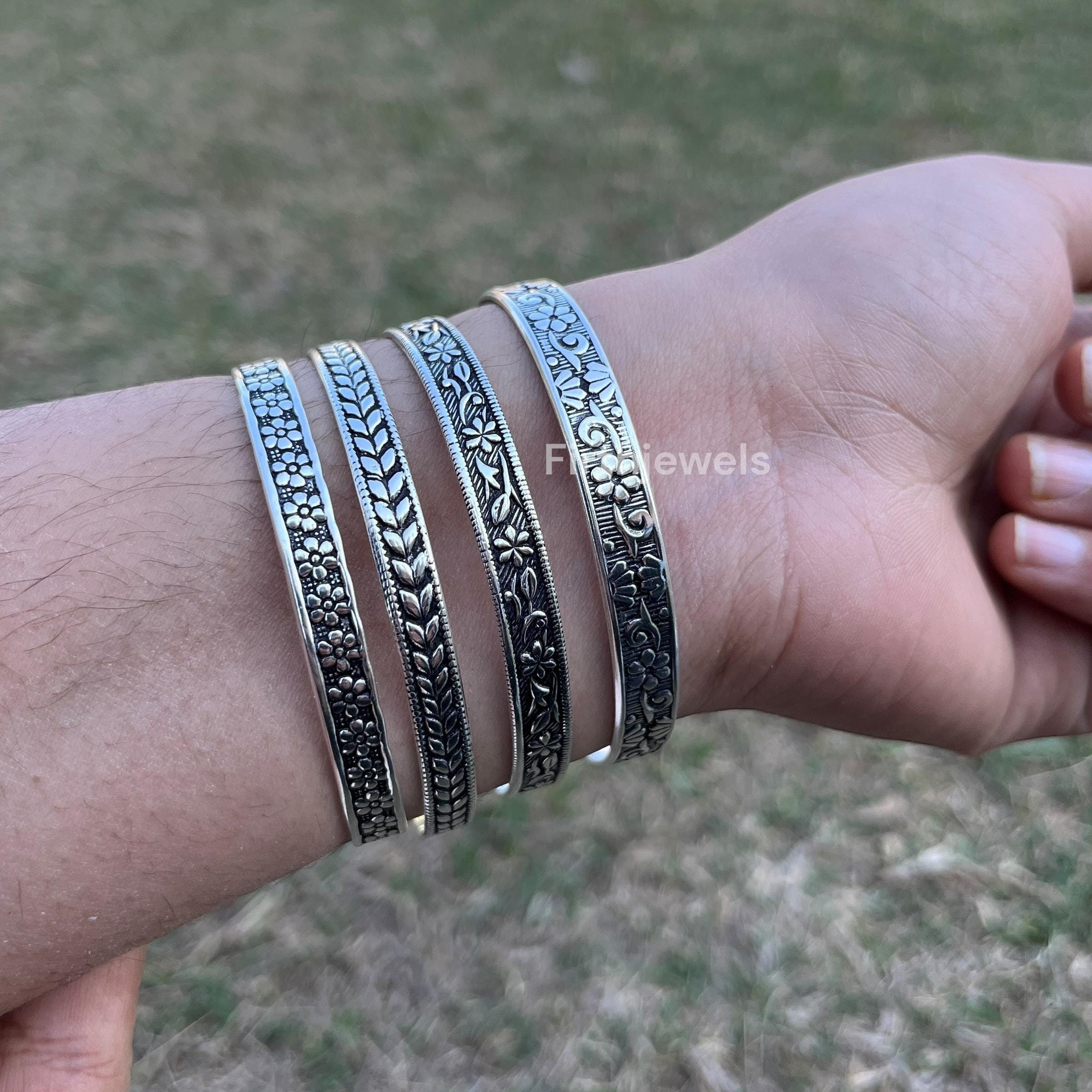 Handmade Silver Floral Bangle: Adjustable Boho Arm Cuff - Etsy