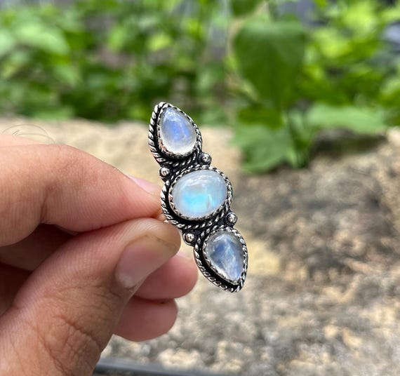 Sterling Silver Moonstone Ring: Boho Multi Stone Gemstone, Custom