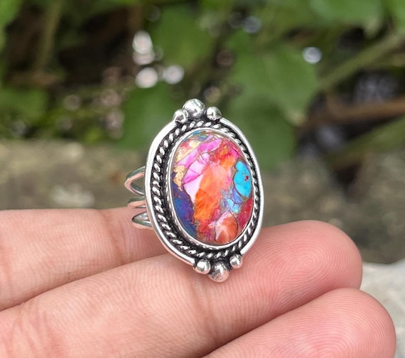 Handmade Sterling Silver Ring: Kingman Turquoise & Pink  Artisan Sterling Silver Pink Dahlia Spiny Oyster Blue Turquoise Copper Ring main image 1