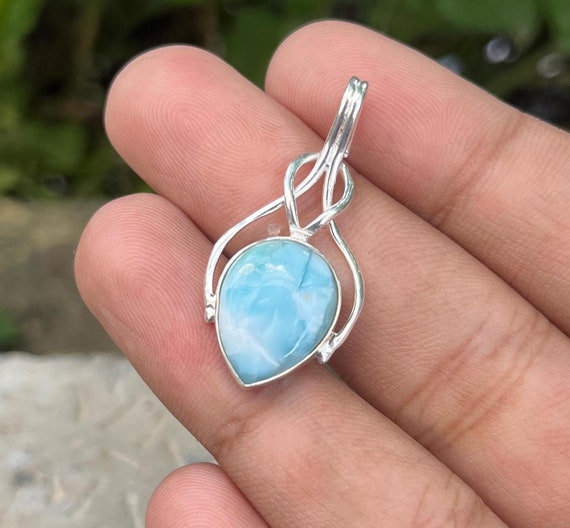 Handmade Larimar Pendant: Boho  Silver Jewelry