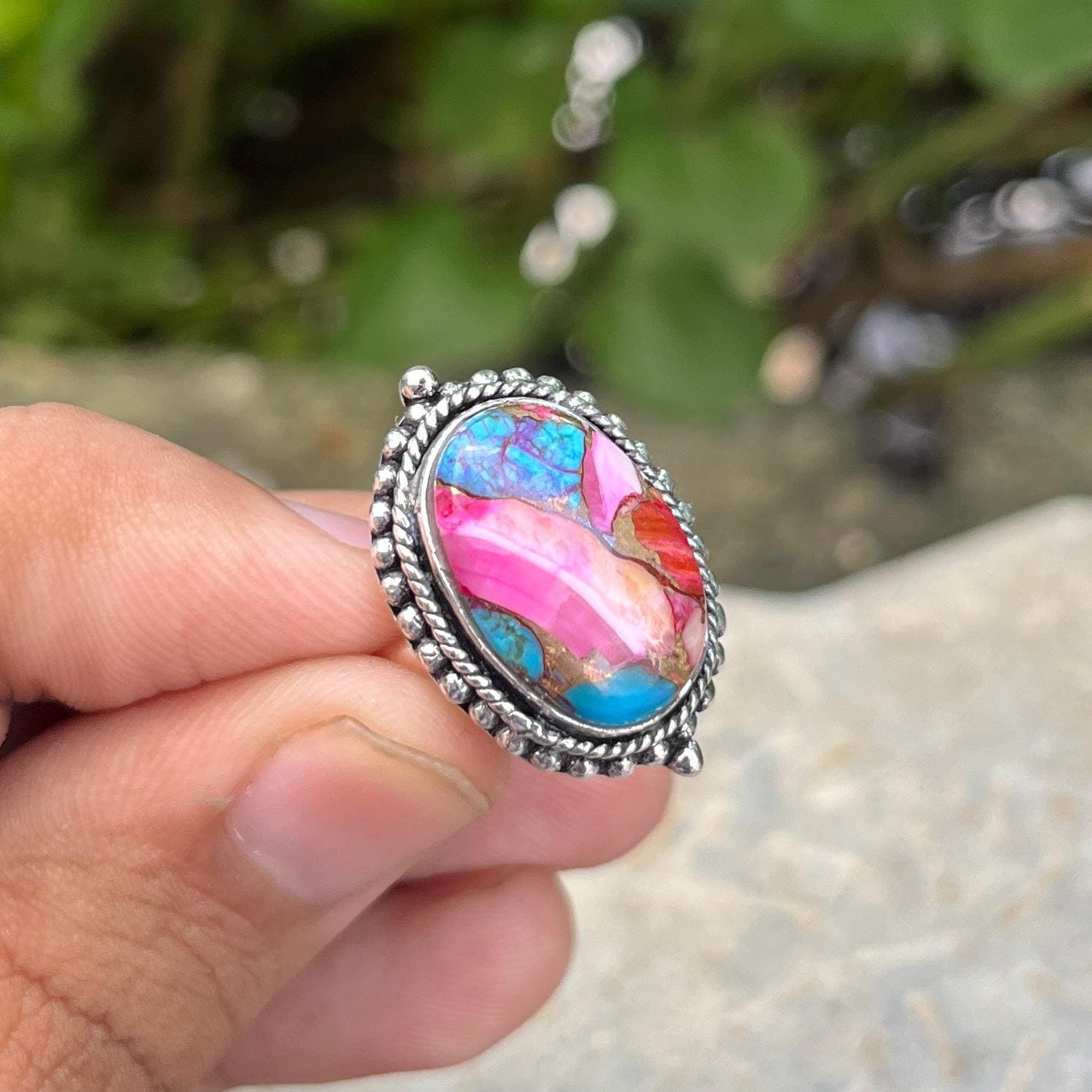 アクセサリー Turquoise SpinyOysterShell silver ring Pink Spiny Oyster Turquoise Silver Ring - Handmade - Etsy