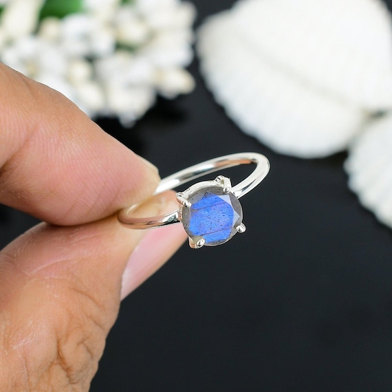 ハンドメイド925スターリングシルバーのラブラドライトリング：ミニマ