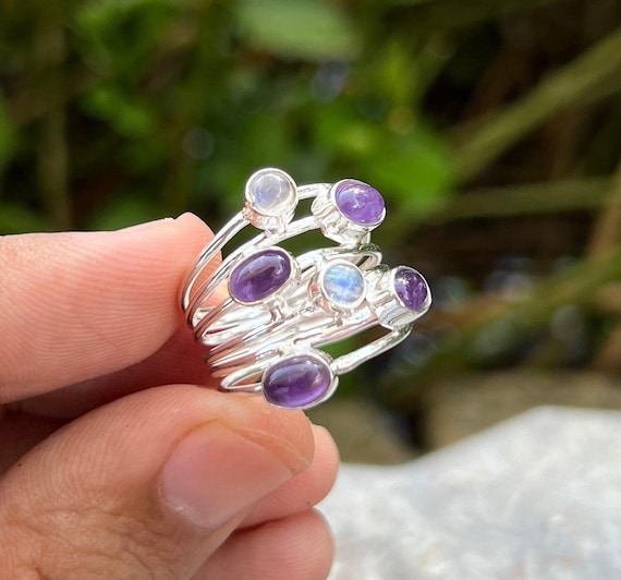 Handmade Sterling Silver Rainbow Moonstone Amethyst Stack Ring