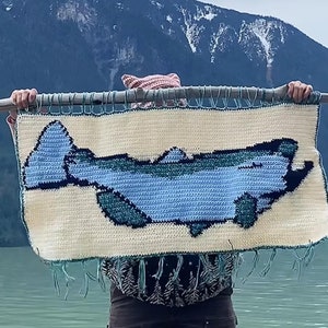 May include: A crocheted wall hanging depicting a blue and green fish with a white background. The hanging has a fringe border and is held up by a person in front of a mountain and lake.