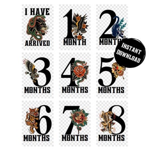 Może przedstawiać: Zestaw cyfrowych kart milowych z ilustracjami w stylu tatuażu. Każda karta wyświetla liczbę od 1 do 8, słowa "MIESIĄCE" lub "MIESIĄC" oraz odpowiednią grafikę, taką jak pantera, orzeł lub róża. Fraza "I HAVE ARRIVED" jest również dołączona.