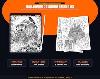 Puede incluir: Un producto de colorear digital Halloween Coloring Studio OS con una tableta que muestra una ilustración de carruaje, un lápiz óptico y páginas imprimibles con un castillo. El texto incluye 200 Pages, Dual Utility, Offline App y All Ages.