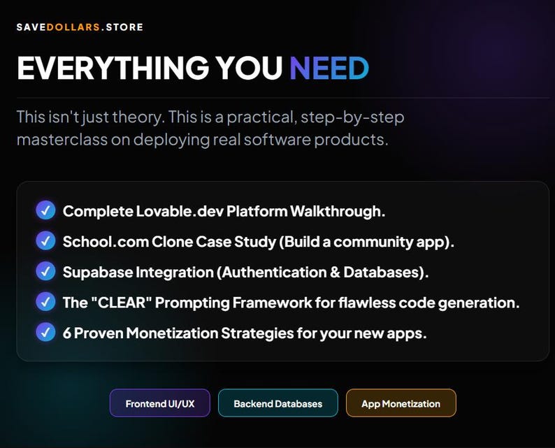 May include: A digital graphic with the text "EVERYTHING YOU NEED" and a list of software development topics. The topics include platform walkthroughs, case studies, database integration, and monetization strategies. The graphic has a dark blue and purple gradient background.