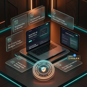 May include: A laptop and tablet displaying an AI masterclass course, surrounded by floating glass panels with text including 14 Interactive In-Browser Modules, 50+ 1-Click Copy Developer Prompts, and a 5-star verified badge.