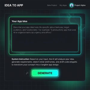 May include: A dark interface titled IDEA TO APP with a text box labeled Your App Idea. It includes a prompt for app descriptions, a System Instruction section, a magic wand icon, and a green button labeled GENERATE. Top right shows Project Alpha.