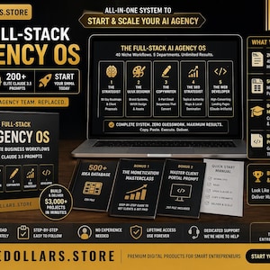 Könnte beinhalten: Werbebild für ein KI-Agentur-OS mit Laptop, Büchern und einer Box. Der Text enthält "The Full-Stack AI Agency OS" mit 40 Workflows und über 200 Prompts. Es verspricht, Benutzern beim Start und der Skalierung ihrer KI-Agentur zu helfen.