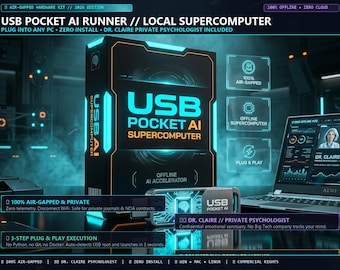 Puede incluir: Una caja negra etiquetada como USB POCKET AI SUPERCOMPUTER con detalles en cian, que incluye una unidad USB aceleradora de IA sin conexión. El empaque muestra texto que incluye AIR-GAPPED HARDWARE KIT, 100% OFFLINE y DR. CLAIRE PRIVATE PSYCHOLOGIST INCLUDED.