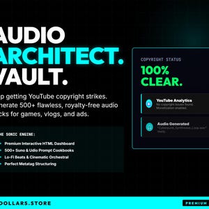 Peut inclure: Un graphique numérique intitulé AUDIO ARCHITECT. VAULT. avec du texte sur des pistes audio libres de droits. Il comprend une case de statut de copyright marquée 100% CLEAR, une liste de fonctionnalités sous THE SONIC ENGINE et une bannière SAVEDOLLARS.STORE.