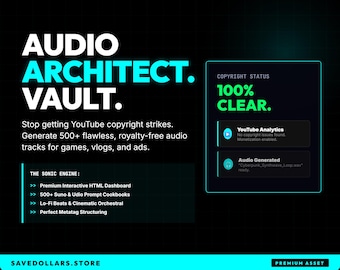 Puede incluir: Un gráfico digital titulado AUDIO ARCHITECT. VAULT. con texto sobre pistas de audio libres de derechos. Incluye un cuadro de estado de copyright etiquetado como 100% CLEAR, una lista de funciones bajo THE SONIC ENGINE y un banner SAVEDOLLARS.STORE.
