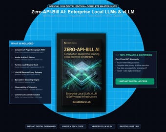 Puede incluir: Una portada de producto digital titulada Zero-API-Bill AI: A Production Blueprint for Slashing Cloud Inference Bills by 90% de SaveDollars Lab. El diseño presenta un libro central con una imagen de circuito sobre fondo azul.