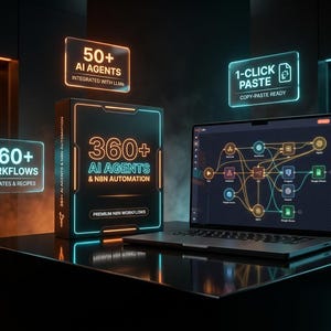 Może przedstawiać: Czarne pudełko z napisem 360+ AI AGENTS & N8N AUTOMATION obok laptopa wyświetlającego złożony schemat przepływu pracy. Lewitujące neony wyświetlają napisy 50+ AI AGENTS, 1-CLICK PASTE oraz 360+ WORKFLOWS TEMPLATES & RECIPES w ciemnym otoczeniu.