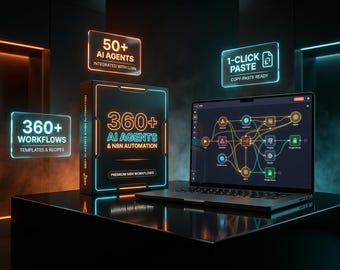 Puede incluir: Una caja negra etiquetada como 360+ AI AGENTS & N8N AUTOMATION junto a un portátil que muestra un diagrama de flujo de trabajo complejo. Letreros de neón flotantes dicen 50+ AI AGENTS, 1-CLICK PASTE y 360+ WORKFLOWS TEMPLATES & RECIPES.