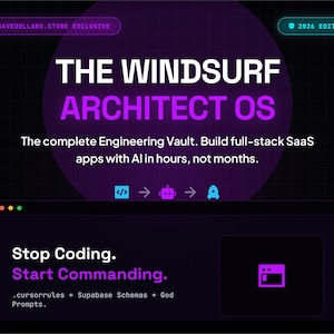 May include: A digital advertisement with a dark purple background. The text reads "THE WINDSURF ARCHITECT OS" and "Stop Coding. Start Commanding." Additional text describes building SaaS apps with AI. The design includes icons and the text "2026 EDITION."