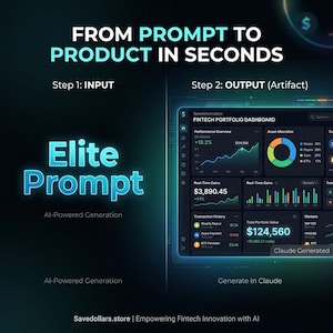 May include: A digital graphic promoting AI-powered fintech solutions. The image displays a dashboard with financial data, including charts and graphs. Text includes "Elite Prompt" and "From Prompt to Product in Seconds."