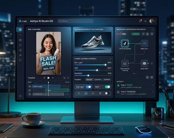 May include: A computer monitor displaying the AdOps AI Studio OS interface with a dark theme. The screen shows a reel composer with a person holding a product, an automated product ad composer featuring a sneaker, and a workflow integration status.