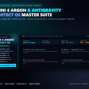 May include: A digital interface display for the Gemini 4 Argon & Antigravity Architect OS Master Suite. The dark-themed graphic features neon blue text, technical specifications, and software modules including a compiler, subagents, and file vaults.