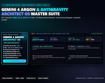Puede incluir: Una interfaz digital para la suite Gemini 4 Argon & Antigravity Architect OS. El gráfico de fondo oscuro presenta texto en azul neón, especificaciones técnicas y módulos de software que incluyen un compilador, subagentes y bóvedas de archivos.