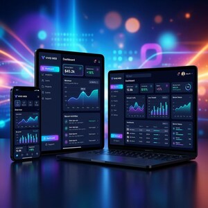 May include: A smartphone, tablet, and laptop displaying the Vivid Web dashboard interface with dark mode themes, featuring various data visualization charts, graphs, and metrics in shades of blue, purple, and teal against a dark background.