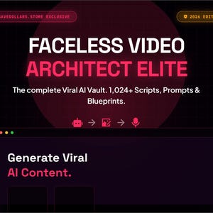 Könnte beinhalten: Eine digitale Grafik mit dem Text "FACELESS VIDEO ARCHITECT ELITE" in Weiß und Pink. Der Text "Generate Viral AI Content" ist ebenfalls sichtbar. Das Bild bewirbt ein Produkt mit über 1.024 Skripten, Prompts und Blueprints.