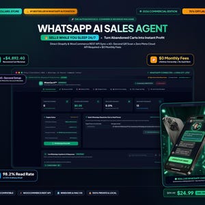 May include: A digital dashboard interface titled WhatsApp AI Sales Agent featuring metrics for recovered cart revenue, read rates, and engine status. The display includes a smartphone mockup showing a chat interface with green accents and text.