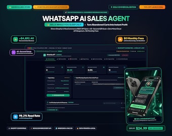 Puede incluir: Una interfaz de panel digital titulada WhatsApp AI Sales Agent que muestra métricas de ingresos de carritos recuperados, tasas de lectura y estado del motor. La pantalla incluye una maqueta de teléfono inteligente con chat.