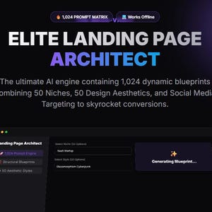 May include: A digital graphic promoting "ELITE LANDING PAGE ARCHITECT." The image features text describing an AI engine with 1,024 blueprints, 50 niches, and design aesthetics. A software interface is visible, with options to select a niche and style.