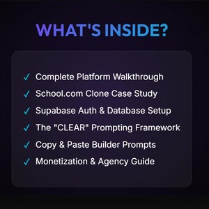 May include: A graphic with the text "WHAT'S INSIDE?" and a list of topics including platform walkthrough, case study, database setup, prompting framework, builder prompts, and monetization guide. The text is in white and blue on a dark background.