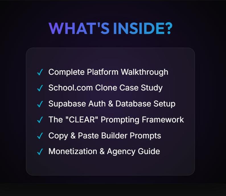 May include: A graphic with the text "WHAT'S INSIDE?" and a list of topics including platform walkthrough, case study, database setup, prompting framework, builder prompts, and monetization guide. The text is in white and blue on a dark background.