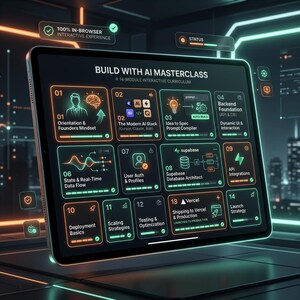 May include: A digital tablet screen displaying a Build With AI Masterclass curriculum with fourteen interactive modules. The interface features neon orange and teal outlines, progress bars, and icons for topics like AI stack, database architecture, and deployment.