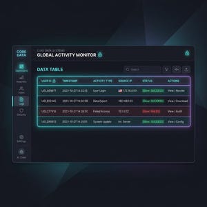 May include: A digital dashboard interface titled CORE DATA GLOBAL ACTIVITY MONITOR featuring a data table with columns for User ID, Timestamp, Activity Type, Source IP, Status, and Actions. The UI uses dark tones with glowing cyan borders.